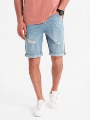 Męskie krótkie spodenki jeansowe z przetarciami i podwiniętą nogawką – jasnoniebieskie V1 OM-SRDS-0186 - XXL. Niebieskie szorty Ombre Clothing, l, z aplikacjami, z bawełny. W wyprzedaży za 119.99 zł.