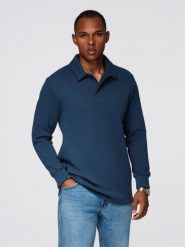 Bluza męska z kołnierzykiem polo ze strukturalnej dzianiny - ciemnoniebieska V5 - Rozmiar: XL. Niebieskie bluzy Ombre Clothing, m, bez wzorów, z bawełny, bez kaptura. W wyprzedaży za 59.99 zł.