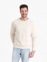 Bluza męska dresowa BASIC z okrągłym dekoltem - kremowa V11 OM-SSBN-0175 - XXL. Białe bluzy Ombre Clothing, l, bez wzorów, z bawełny, bez kaptura. W wyprzedaży za 69.99 zł.