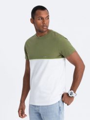 T-shirt męski bawełniany dwukolorowy - oliwkowo-biały V5 S1619 - XXL. Białe t-shirty Ombre Clothing, m, bez wzorów, z bawełny, bez kołnierzyka, bez ramiączek. W wyprzedaży za 29.99 zł.