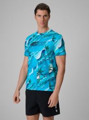4F T-shirt regular z nadrukiem męski - niebieski L. Niebieskie t-shirty 4F, l, bez wzorów, z bawełny, bez kołnierzyka, bez ramiączek. Za 89.99 zł.