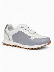Buty męskie dwukolorowe sneakersy z łączonych materiałów – biało-szare V3. Białe buty sportowe casual Ombre Clothing, bez wzorów, z jeansu, bez zapięcia. W wyprzedaży za 146.99 zł.