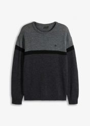 Sweter z okrągłym dekoltem, z blokami kolorów, z łatwego w pielęgnacji materiału. Szare swetry nierozpinane bonprix, m, bez wzorów, bez kołnierzyka, bez ramiączek. Za 92.99 zł.