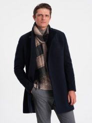 Płaszcz męski z asymetrycznym zapięciem - granatowy V3 OM-COWC-0102 - XXL. Niebieskie płaszcze Ombre Clothing, l, bez wzorów, z poliesteru, bez kaptura. W wyprzedaży za 199.99 zł.
