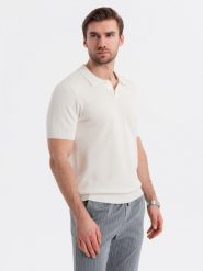 Bawełniana koszulka męska polo ze strukturalnej dzianiny – złamana biel V4 OM-POSS-0117 - XXL. Koszulki polo sportowe Ombre Clothing, l, bez wzorów, z bawełny, bez kołnierzyka, bez ramiączek. W wyprzedaży za 129.99 zł.