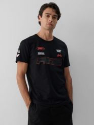 4F T-shirt slim z nadrukiem męski - czarny M. Czarne t-shirty 4F, m, bez wzorów, z bawełny, bez kołnierzyka, bez ramiączek. Za 79.99 zł.