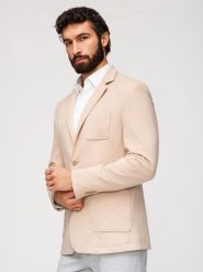 Męska slimowana marynarka SLIM z dzianiny o subtelnej strukturze – beżowa V5 - Rozmiar: XL. Brązowe garnitury Ombre Clothing, do pracy, l, bez wzorów, z bawełny. W wyprzedaży za 265.99 zł.