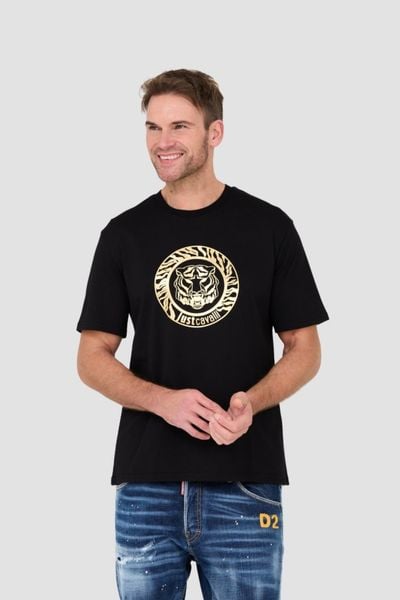 JUST CAVALLI Czarny męski t-shirt T-round Gold, Rozmiar S. Czarne t-shirty Just Cavalli, m, bez wzorów, bez kołnierzyka, bez ramiączek. W wyprzedaży za 259.99 zł.