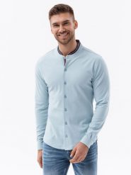Koszula męska dzianinowa z długim rękawem - błękitna V3 K542 - XXL. Niebieskie koszule Ombre Clothing, m, bez wzorów, z dzianiny, bez kołnierzyka, bez ramiączek. W wyprzedaży za 49.99 zł.