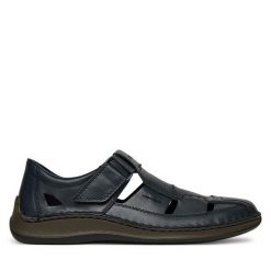 Półbuty Rieker. Niebieskie eleganckie półbuty Rieker, bez wzorów, bez obcasa, bez zapięcia. Za 349.99 zł.
