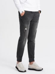 Męskie spodnie jeansowe JOGGERY z przetarciami - czarne V2 OM-PADJ-0150 - XL. Czarne joggery i bojówki Ombre Clothing, l, bez wzorów, z bawełny. W wyprzedaży za 69.99 zł.