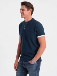 Koszulka męska polo bez kołnierzyka - granatowa V4 OM-TSCT-0156 - XL. Niebieskie koszulki polo sportowe Ombre Clothing, l, bez wzorów, z bawełny, bez kołnierzyka, bez ramiączek. W wyprzedaży za 39.99 zł.