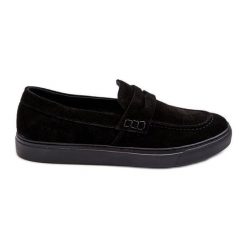 Zamszowe Męskie Półbuty Loafersy Zazoo 1574 Czarne. Czarne eleganckie półbuty bez wzorów, ze skóry, bez obcasa, bez zapięcia. Za 461.16 zł.