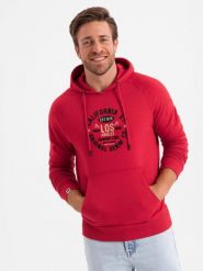 Bluza męska kangurka z nadrukiem - czerwona V2 - Rozmiar: L. Czerwone bluzy z kapturem Ombre Clothing, l, bez wzorów, z bawełny, z kapturem. W wyprzedaży za 59.99 zł.
