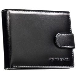 Poziomy, elegancki, czarny portfel męski ze skóry naturalnej zamykany zatrzaskiem - Peterson. Czarne portfele Peterson, bez wzorów, ze skóry. Za 118.99 zł.