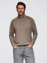Bluza męska z kontrastowym nadrukiem i rozpinaną wysoką stójką – szarobrązowa V3. Brązowe bluzy Ombre Clothing, m, bez wzorów, z dzianiny, bez kaptura. Za 189.99 zł.