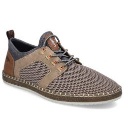 Półbuty męskie brązowe Rieker B5252-66. Brązowe eleganckie półbuty Rieker, bez wzorów, z tkaniny, bez obcasa, bez zapięcia. Za 349.00 zł.