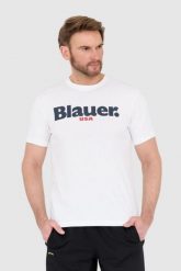 BLAUER Biały męski t-shirt z dużym logo. Białe t-shirty Blauer USA, l, bez wzorów, bez kołnierzyka, bez ramiączek. W wyprzedaży za 129.99 zł.