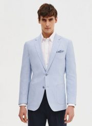 PAKO LORENTE - Niebieska marynarka męska z lnu. Niebieskie garnitury Pako Lorente, na co dzień, m, bez wzorów, z bawełny. Za 549.99 zł.