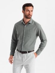 Męska koszula z kieszenią REGULAR FIT - khaki V4 - Rozmiar: S. Brązowe koszule Ombre Clothing, m, bez wzorów, z bawełny, bez kołnierzyka, bez ramiączek. W wyprzedaży za 49.99 zł.