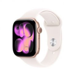 Zegarek Apple Watch Series 11 GPS 46mm aluminiowa koperta w kolorze różowego złota z paskiem sportowym w kolorze jasnego rumieńca - M/L. Czerwone zegarki smartwatch Apple, bez wzorów. Za 2,552.99 zł.