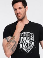 T-shirt męski z nadrukiem w stylu motocyklowym – czarny V1 - Rozmiar: M. Czarne t-shirty Ombre Clothing, l, bez wzorów, z bawełny, bez kołnierzyka, bez ramiączek. W wyprzedaży za 19.99 zł.