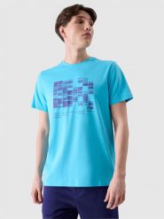 4F T-shirt regular z nadrukiem męski - turkusowy L. Niebieskie t-shirty 4F, l, bez wzorów, z bawełny, bez kołnierzyka, bez ramiączek. W wyprzedaży za 39.99 zł.