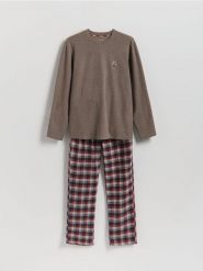 Dwuczęściowa piżama z haftem - beżowy. Brązowe piżamy Reserved, l, bez wzorów, z bawełny, bez ramiączek. Za 159.99 zł.