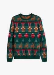 Sweter z bożonarodzeniowym motywem, z akrylu z recyklingu. Zielone swetry nierozpinane bonprix, m, bez wzorów, bez kołnierzyka, bez ramiączek. Za 129.99 zł.