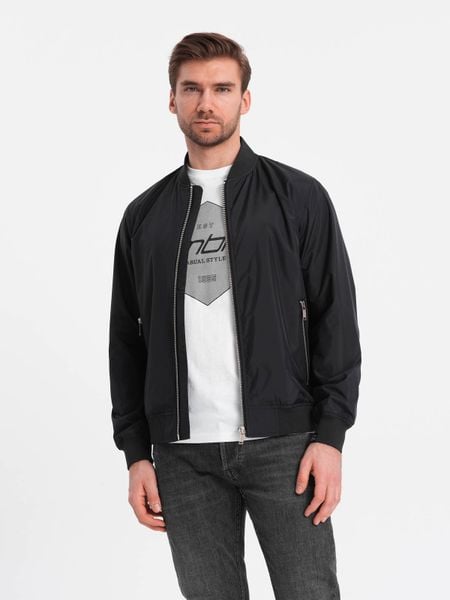 Kurtka męska bomberka szwedka - czarna V7. Czarne kurtki Ombre Clothing, m, bez wzorów, z materiału, bez kaptura. W wyprzedaży za 69.99 zł.