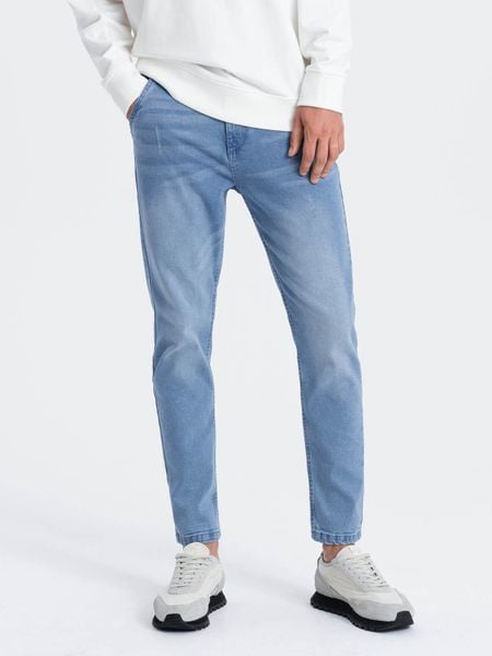 Spodnie męskie jeansowe SKINNY FIT z kieszeniami chino - jasnoniebieskie V2 - Rozmiar: M. Niebieskie eleganckie spodnie Ombre Clothing, m, z bawełny. W wyprzedaży za 125.99 zł.