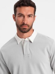 Bluza męska z białym kołnierzykiem polo - popielata V7 OM-SSNZ-0132 - XXL. Szare bluzy Ombre Clothing, l, bez wzorów, z bawełny, bez kaptura. W wyprzedaży za 79.99 zł.
