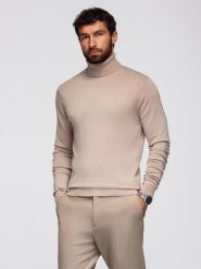Jednokolorowy dzianinowy męski golf z wiskozą – beżowy V5 - Rozmiar: XL. Brązowe golfy Ombre Clothing, m, z aplikacjami, z dzianiny, bez ramiączek. W wyprzedaży za 99.99 zł.