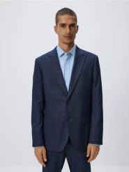 Marynarka slim fit z domieszką wiskozy - granatowy. Niebieskie garnitury Reserved, bez wzorów, z tkaniny. Za 359.99 zł.