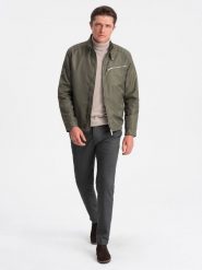 Kurtka męska biker - khaki V1 - Rozmiar: XXL. Brązowe kurtki Ombre Clothing, m, bez wzorów, z poliesteru, bez kaptura. W wyprzedaży za 169.99 zł.