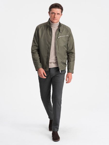 Kurtka męska biker - khaki V1 - Rozmiar: XXL. Brązowe kurtki Ombre Clothing, m, bez wzorów, z poliesteru, bez kaptura. W wyprzedaży za 169.99 zł.