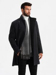 Męski płaszcz z wysokim kołnierzem i asymetrycznym zapięciem – czarny V2 OM-COWC-0120 - XXL. Czarne płaszcze Ombre Clothing, l, z aplikacjami, z materiału, eleganckie, bez kaptura. Za 311.99 zł.