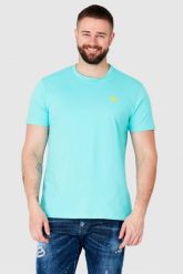 GUESS Turkusowy t-shirt męski z żółtym logo. Niebieskie t-shirty Guess, m, z aplikacjami, bez kołnierzyka, bez ramiączek. W wyprzedaży za 99.99 zł.