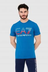 EA7 T-shirt męski niebieski z dużym logo. Niebieskie t-shirty EA7 Emporio Armani, m, bez wzorów, bez kołnierzyka, bez ramiączek. W wyprzedaży za 249.99 zł.