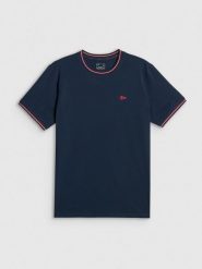 4F T-shirt regular gładki męski - granatowy S. Niebieskie t-shirty 4F, m, bez wzorów, z bawełny, bez kołnierzyka, bez ramiączek. Za 79.99 zł.