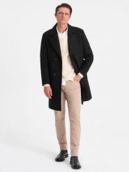 Dwurzędowy męski płaszcz z podszewką - czarny V4 OM-COWC-0107 - M. Czarne płaszcze Ombre Clothing, m, bez wzorów, z poliesteru, bez kaptura. W wyprzedaży za 199.99 zł.