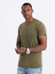 T-shirt męski z efektem ACID WASH - oliwkowy V4 S1638 - S. Zielone t-shirty Ombre Clothing, m, bez wzorów, z bawełny, bez kołnierzyka, bez ramiączek. W wyprzedaży za 29.99 zł.