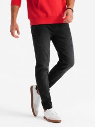 Męskie jeansowe joggery z asymetrycznymi przeszyciami – czarne V3 OM-PADJ-0165 - XXL. Czarne joggery i bojówki Ombre Clothing, na co dzień, l, z aplikacjami, z bawełny, casualowe. Za 113.99 zł.