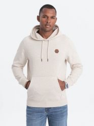 Bluza męska kangurka z kapturem - kremowa V1 - Rozmiar: S. Białe bluzy Ombre Clothing, m, bez wzorów, z bawełny, z kapturem. W wyprzedaży za 79.99 zł.