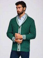 Męski sweter kardigan z szalowym kołnierzem w stylu preppy - zielony V2 - Rozmiar: XL. Zielone swetry rozpinane Ombre Clothing, m, bez wzorów, z bawełny, bez kołnierzyka, bez ramiączek. W wyprzedaży za 149.49 zł.