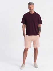 Męskie dzianinowe spodenki ze ściągaczem i kieszeniami - pudroworóżowe V11 OM-SRBS-0139 - XXL. Czerwone krótkie spodenki sportowe Ombre Clothing, l, bez wzorów, z bawełny. Za 83.99 zł.