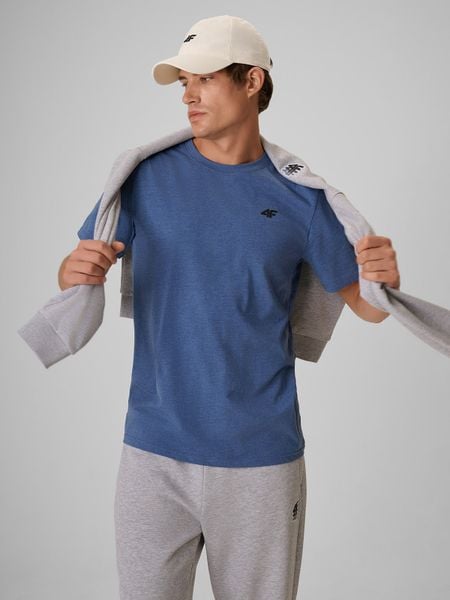 4F T-shirt regular gładki męski - denim L. Niebieskie t-shirty 4F, l, bez wzorów, z bawełny, bez kołnierzyka, bez ramiączek. Za 49.99 zł.