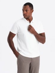 Męska koszulka polo z kołnierzykiem zapinanym na zamek – biała V1 OM-POSS-0132 - XXL. Białe koszulki polo sportowe Ombre Clothing, l, z aplikacjami, z bawełny, bez kołnierzyka, bez ramiączek. Za 83.99 zł.