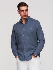 Męska koszula lniana z klasycznym kołnierzykiem i kieszeniami REGULAR FIT – niebieska V4 - Rozmiar: S. Niebieskie koszule Ombre Clothing, na lato, l, z aplikacjami, z bawełny, bez kołnierzyka, bez ramiączek. W wyprzedaży za 160.99 zł.