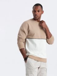 Bluza męska OVERSIZE z kontrastowym łączeniem kolorów - beżowa V2 OM-SSNZ-0130 - XXL. Brązowe bluzy Ombre Clothing, l, z aplikacjami, z bawełny, bez kaptura. W wyprzedaży za 49.99 zł.
